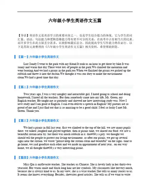 六年级小学生英语作文五篇