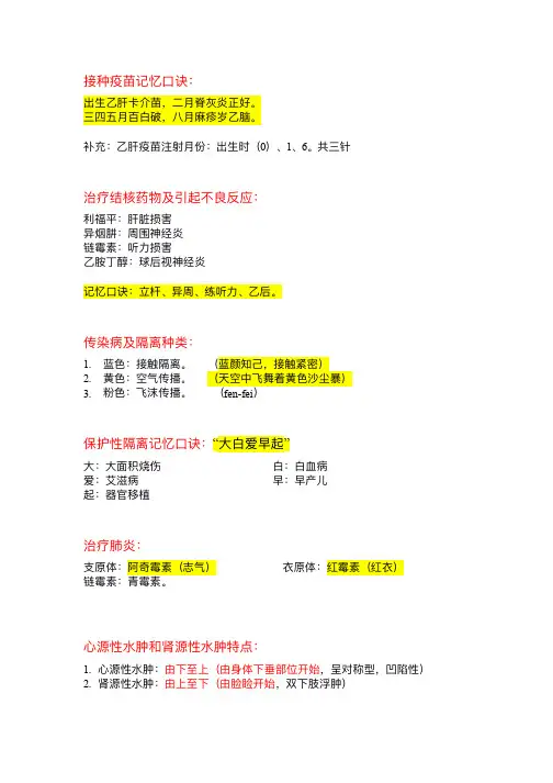 医护专业知识记忆口诀汇总