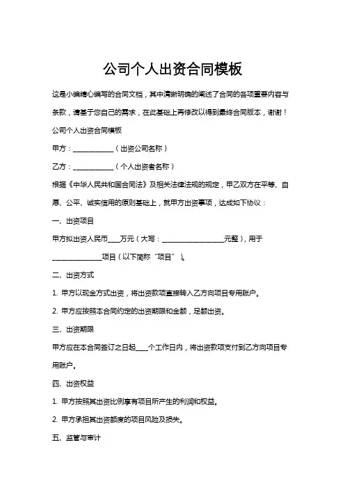 公司个人出资合同模板