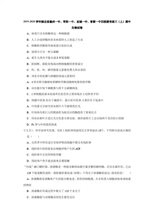 2019-2020学年湖北省四校联考高三(上)期中生物试卷(Word版含答案)含解析