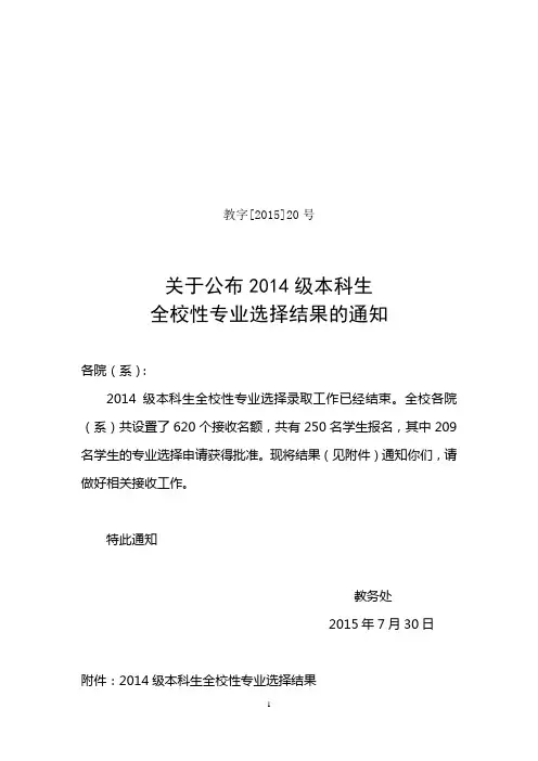 中国科学技术大学2014级本科生全校性专业选择结果公示