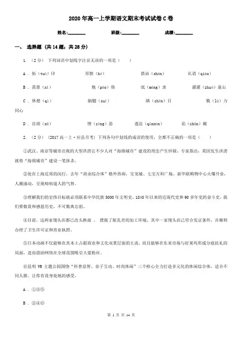2020年高一上学期语文期末考试试卷C卷