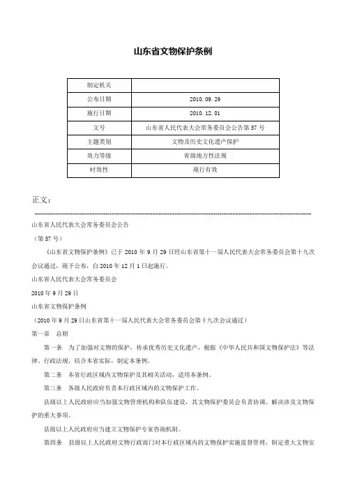 山东省文物保护条例-山东省人民代表大会常务委员会公告第57号