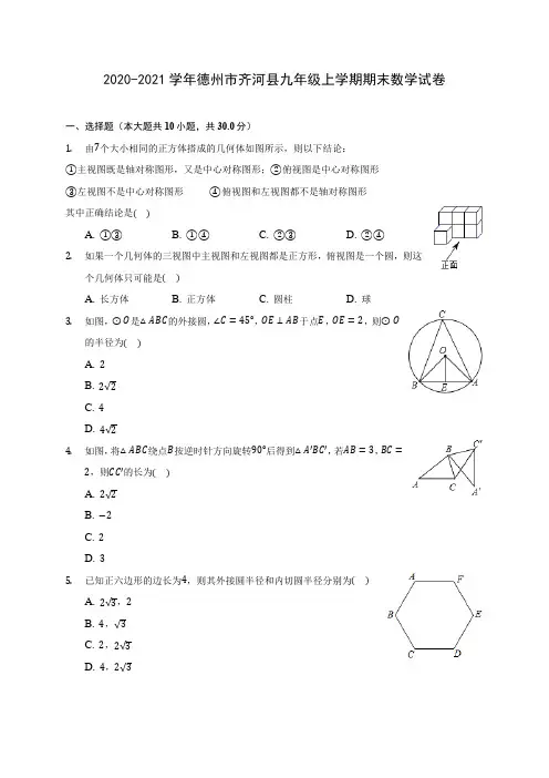 2020-2021学年德州市齐河县九年级上学期期末数学试卷(含答案解析)
