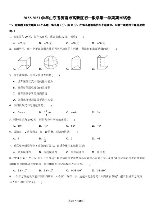 2022-2023学年山东省济南市高新区七年级上学期期末数学试卷及参考答案