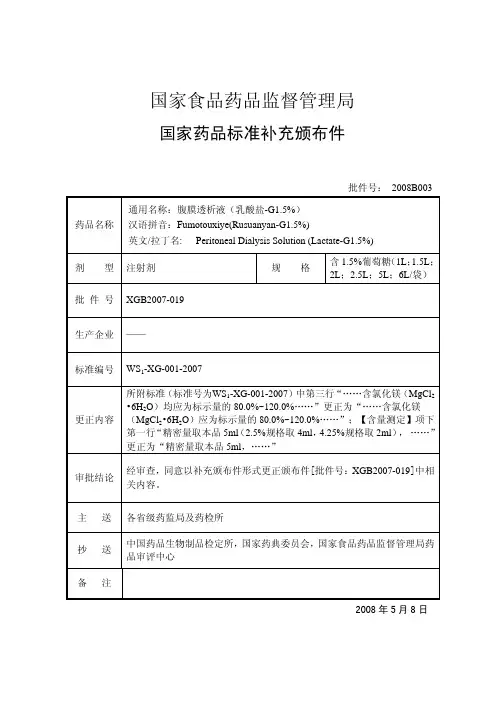 国家食品药品监督管理局 国家药品标准补充颁布件 批件号：
