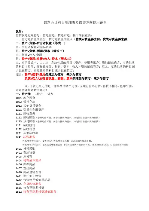 会计科目明细表及借贷方向使用说明