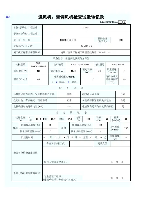 通风机、空调机检查试运转记录