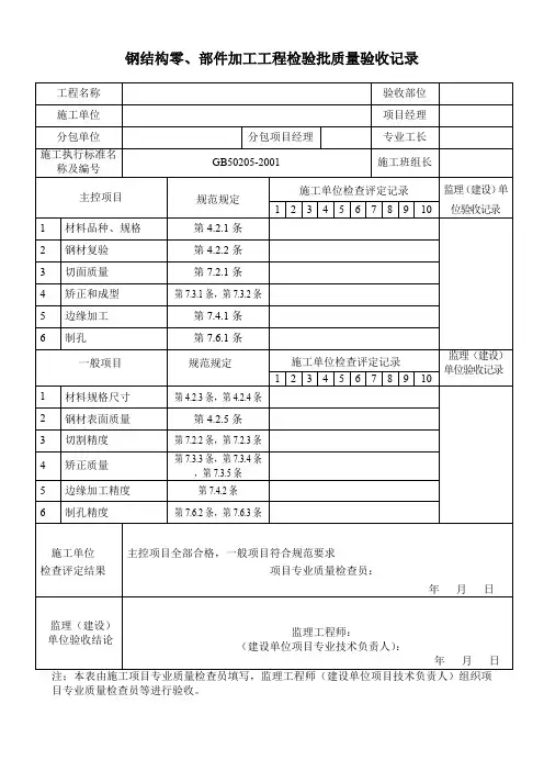 钢结构零、部件加工工程检验批质量验收记录