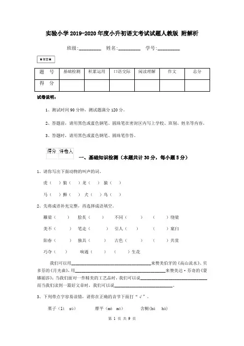 实验小学2019-2020年度小升初语文考试试题人教版 附解析