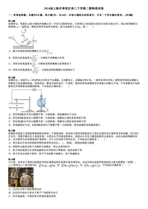 2024届上海市奉贤区高三下学期二模物理试卷