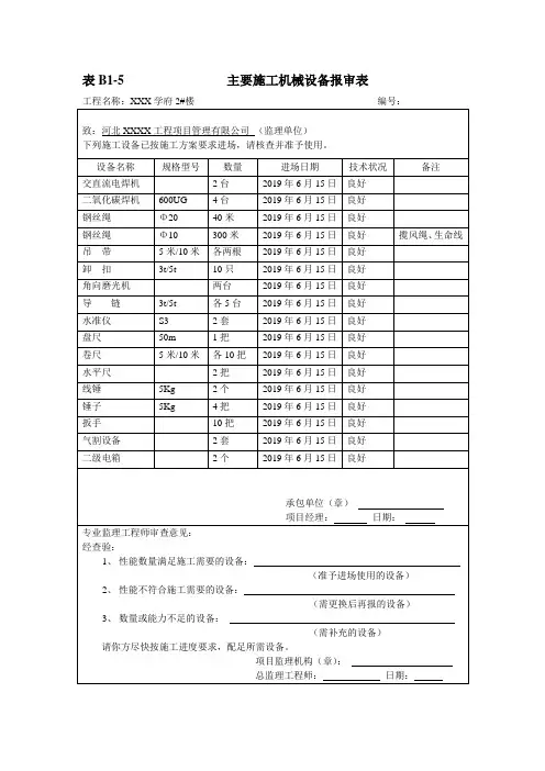 施工机具报审表(主要施工机械设备报审表)