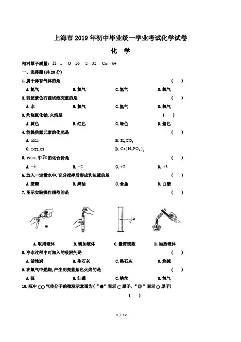 2019年上海市中考化学试卷及答案解析
