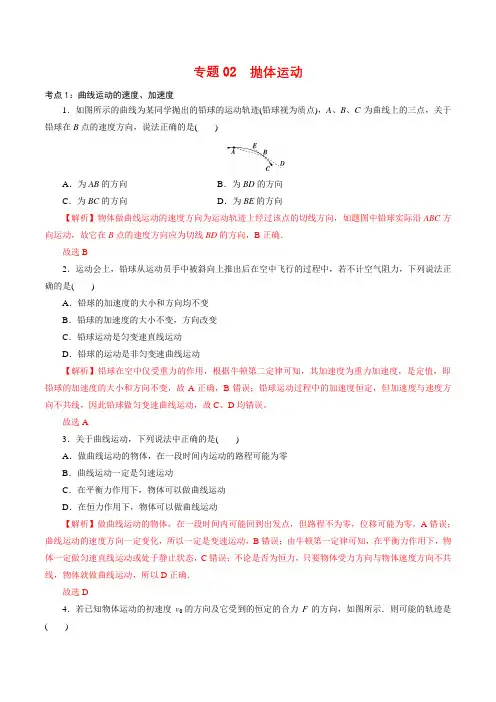 人教版高中物理必修二专题02  抛体运动【专项训练】(解析版)