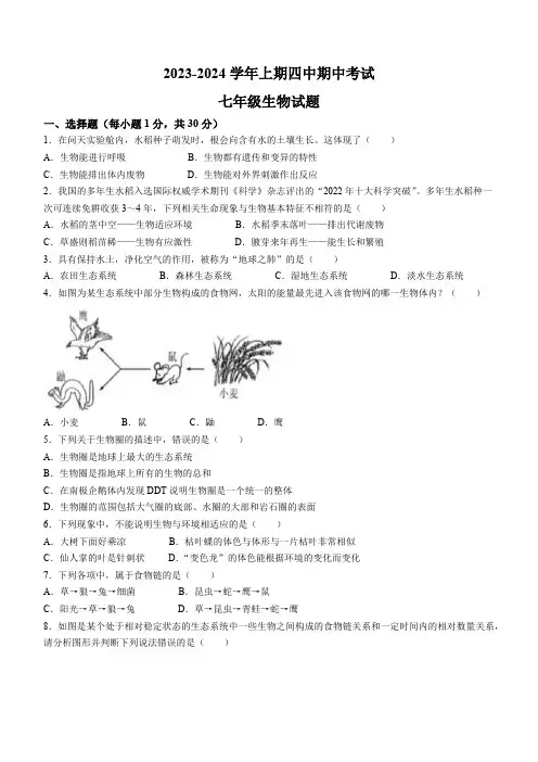 河南省郑州市四中2023-2024学年七年级上学期生物期中试卷  (word版 含答案)