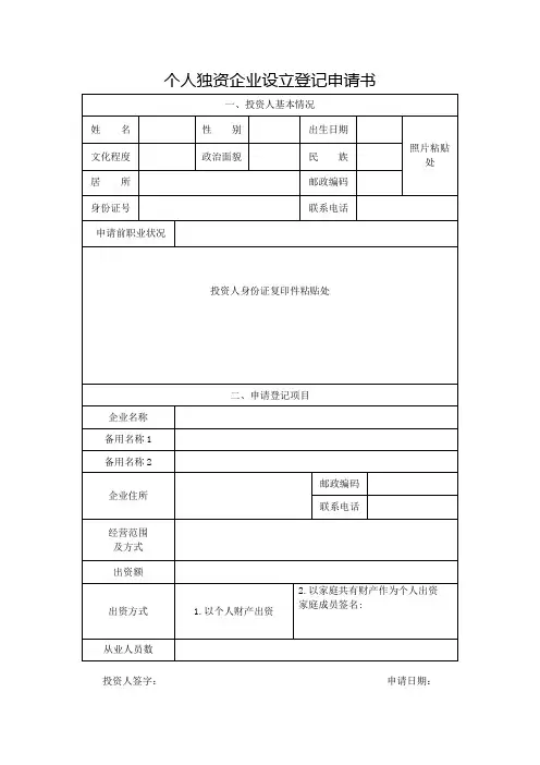 个人独资企业设立登记申请书范文
