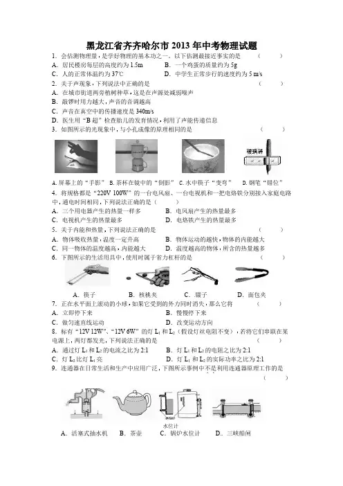 黑龙江省齐齐哈尔市2013年中考物理试题