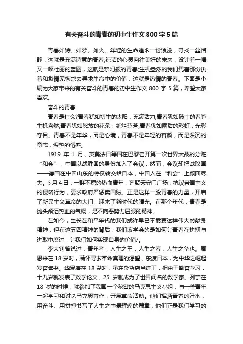 有关奋斗的青春的初中生作文800字5篇