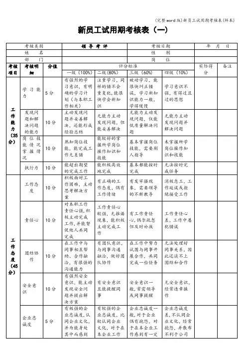 (完整word版)新员工试用期考核表(样本)