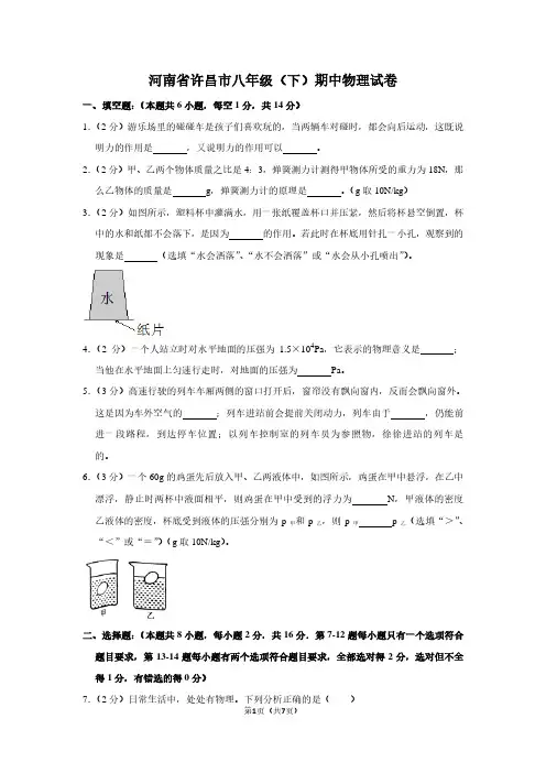 河南省许昌市八年级(下)期中物理试卷
