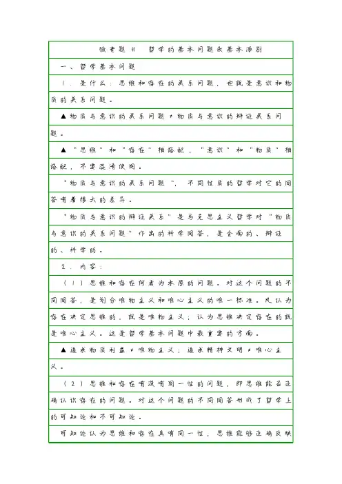【学霸笔记】微专题41 哲学的基本问题及基本派别