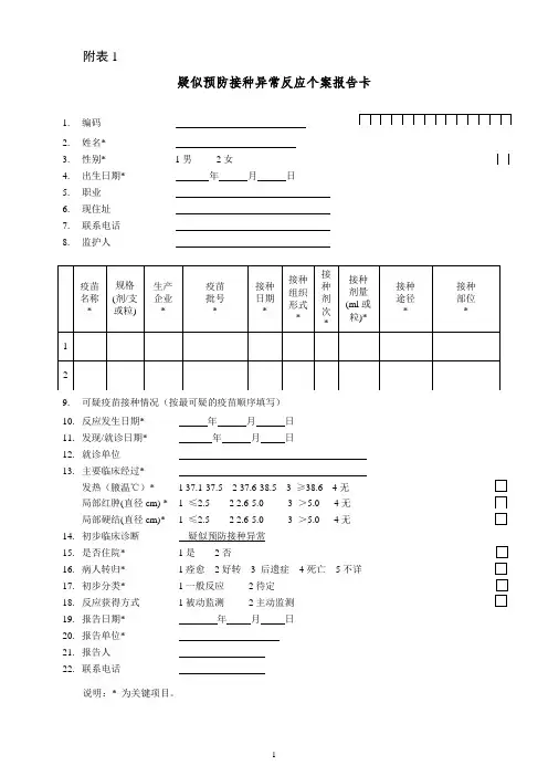 附表1疑似预防接种异常反应个案报告卡  - 副本