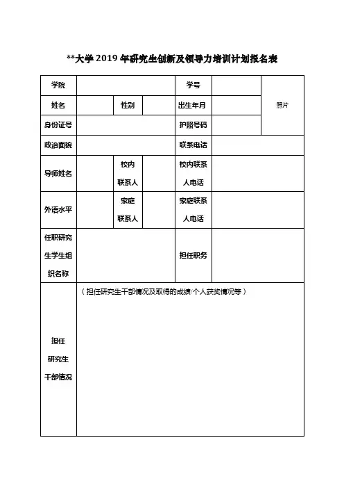 XX大学2019年研究生创新及领导力培训计划报名表【模板】