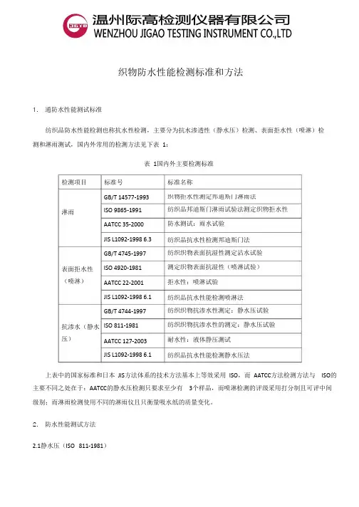 织物防水性能检测标准和方法