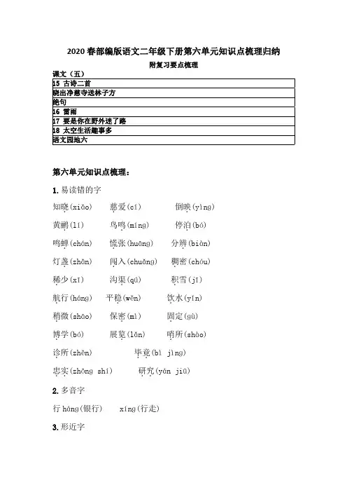 2020春部编版语文二年级下册第六单元知识点梳理归纳 附复习要点梳理(课文五)