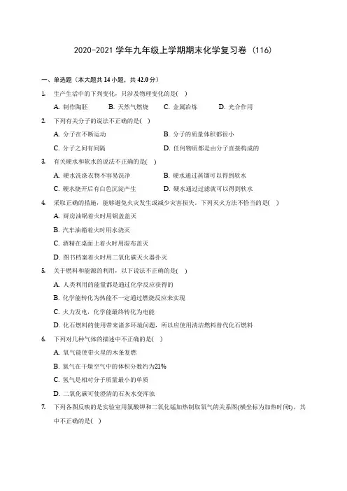 2020-2021学年九年级上学期期末化学复习卷 (116)(含答案解析)
