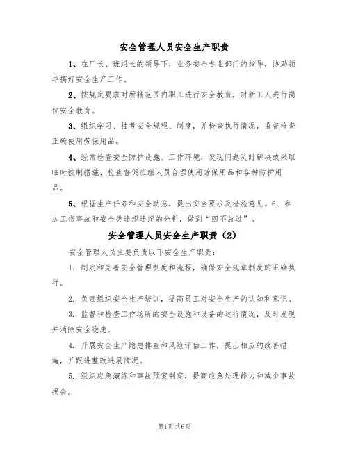 安全管理人员安全生产职责（5篇）