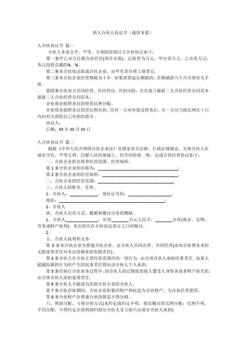 两人合伙人协议书(通用3篇)