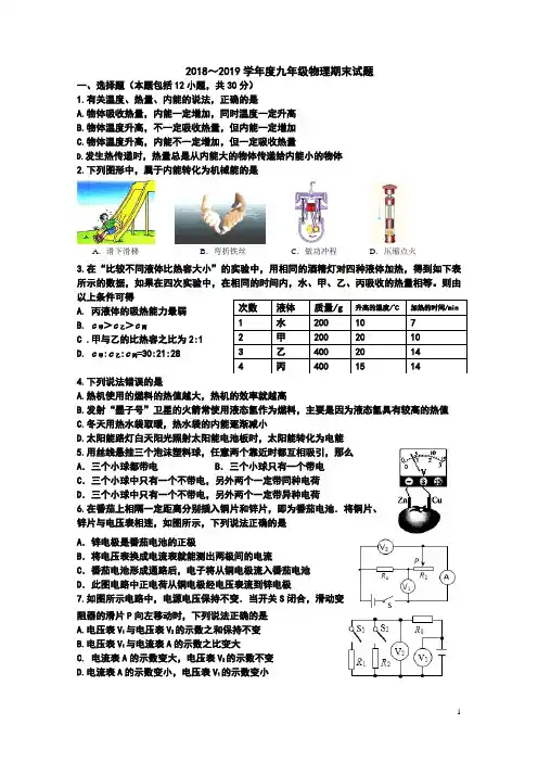2018～2019学年度九年级物理期末试题【附参考答案,Word可编辑】