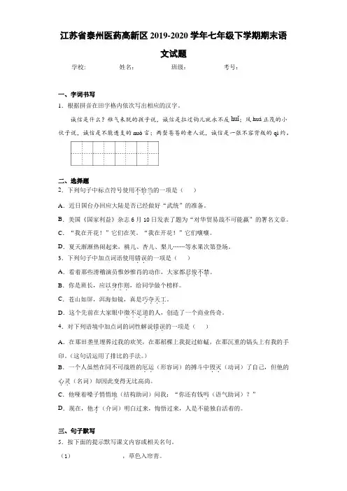 江苏省泰州医药高新区2019~2020学年七年级下学期期末语文试题(含答案解析)