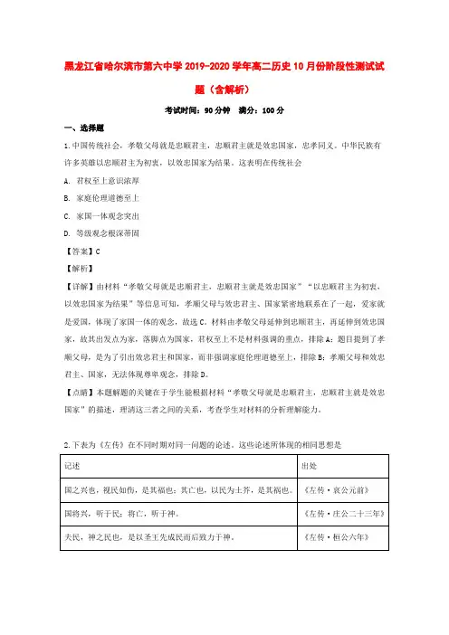 黑龙江省哈尔滨市第六中学2019-2020学年高二历史10月份阶段性测试试题(含解析)