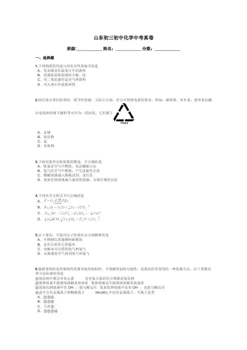 山东初三初中化学中考真卷带答案解析
