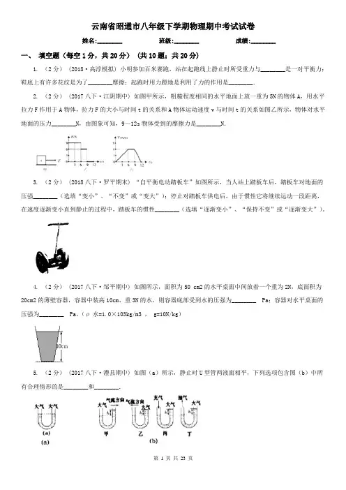 云南省昭通市八年级下学期物理期中考试试卷