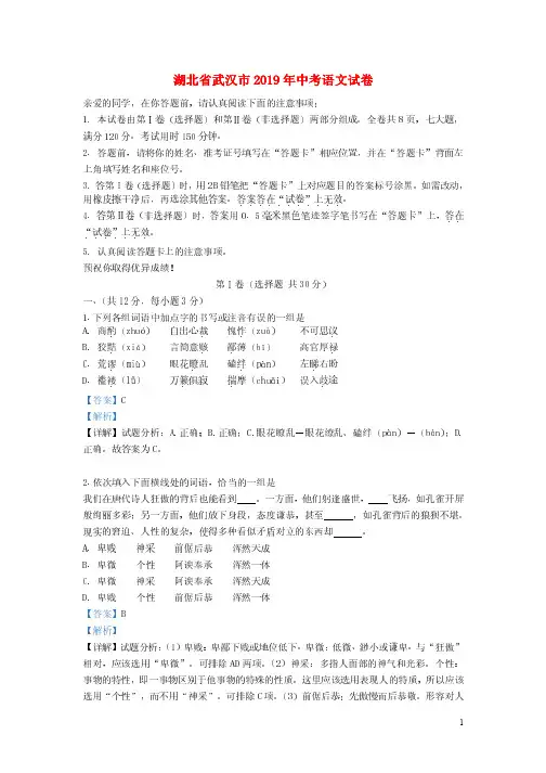 湖北省武汉市2019年中考语文真题试题(含解析)