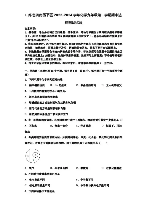 山东省济南历下区2023-2024学年化学九年级第一学期期中达标测试试题含解析