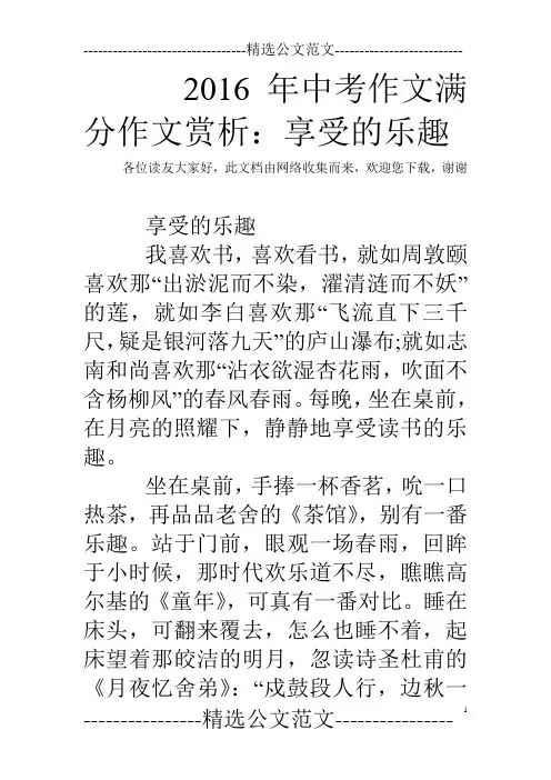 2016年中考作文满分作文赏析：享受的乐趣