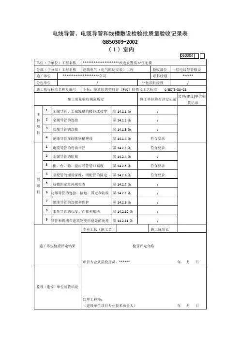 电线导管、电缆导管和线槽敷设检验批质量验收记录表(房建住宅楼)