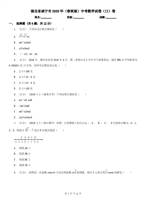 湖北省咸宁市2020年(春秋版)中考数学试卷(II)卷