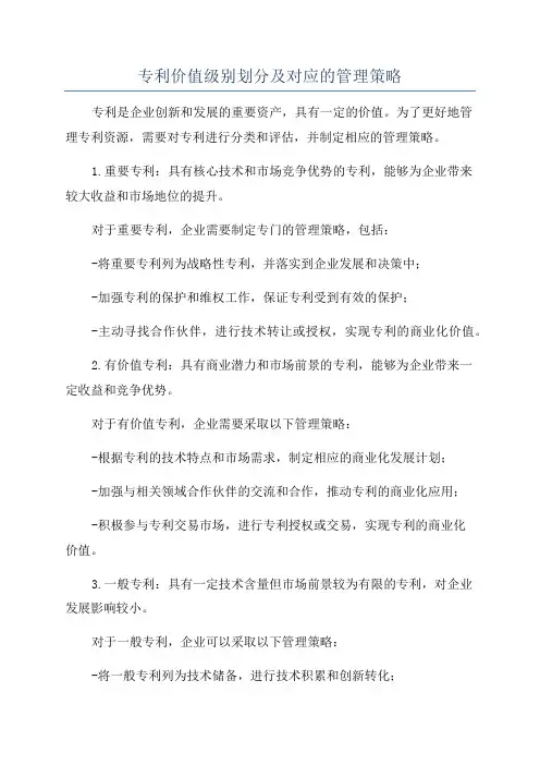 专利价值级别划分及对应的管理策略