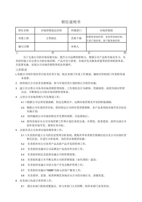 市场营销部总经理职位说明书