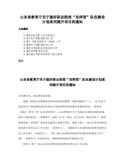 山东省教育厅关于做好职业院校“双师型”队伍建设计划系列提升项目的通知