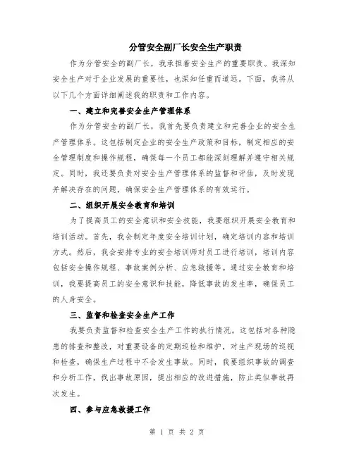 分管安全副厂长安全生产职责