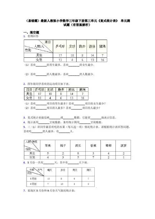 (易错题)最新人教版小学数学三年级下册第三单元《复式统计表》 单元测试题(有答案解析)