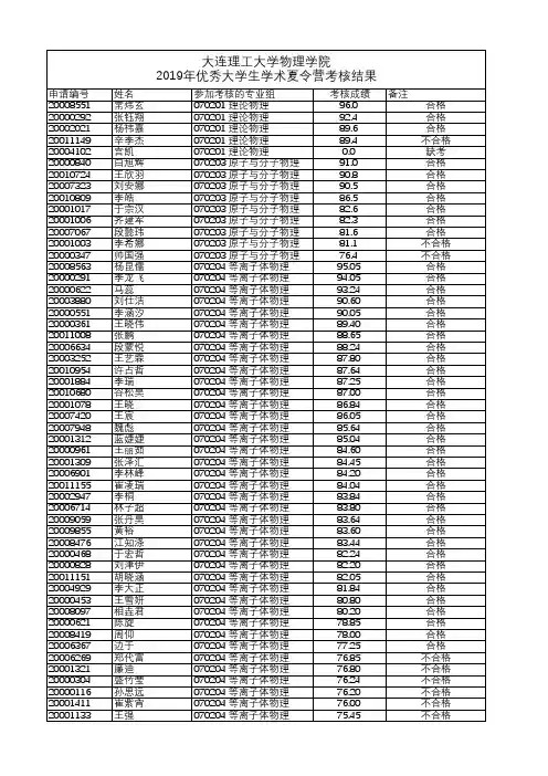 大连理工大学物理学院2019年优秀大学生学术夏令营考核结果
