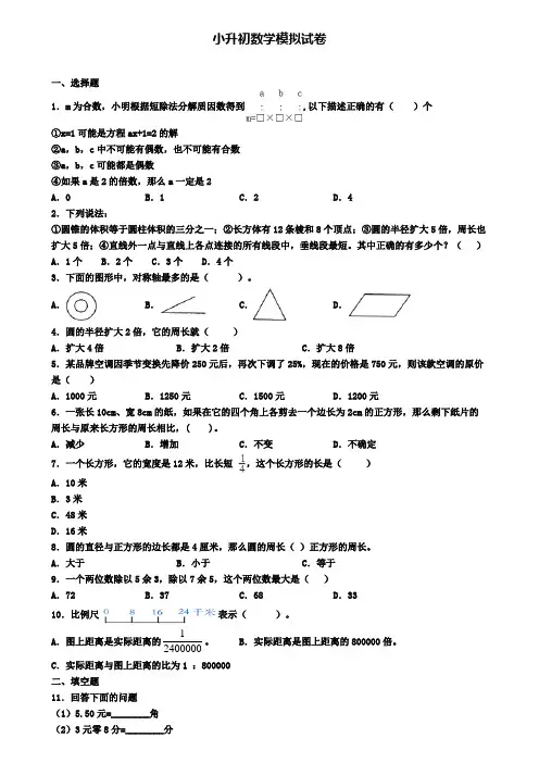 (4份试卷汇总)2019-2020学年湖南省株洲市数学小升初考试模拟试题
