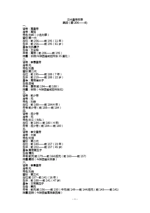 汉代皇帝年表